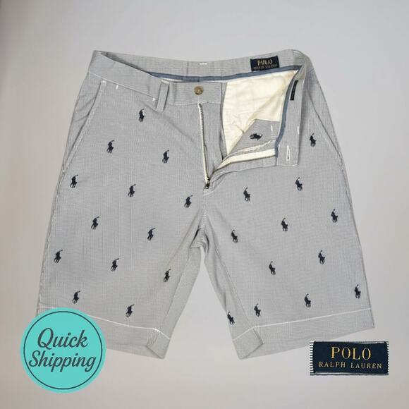 Polo Ralph Lauren Other - Polo Ralph Lauren Mens 30 x 9" Blue White Stripe Cotton Shorts Allover Pony